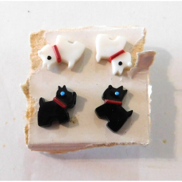 Vintage Avon Playful Plaid Scottie Dog Earrings Set 2 Pairs White Black Dogs - Picture 2 of 6